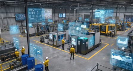 A high-tech factory floor with advanced machinery, workers in yellow safety jackets and white hard hats using digital screens to control production lines Generative AI