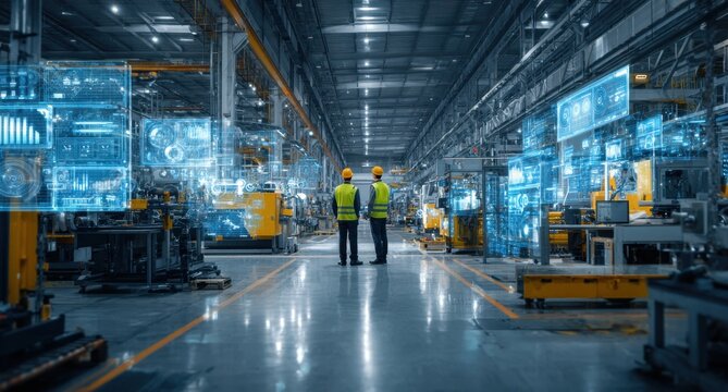 A high-tech factory floor with blue and yellow machinery, where two workers in safety gear stand talking to each other while surrounded by digital screens displaying data visualizations Generative AI - Powered by Adobe