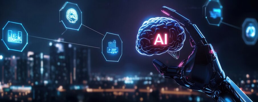 Futuristic robotic hand holding a digital AI brain with glowing connections, symbolizing artificial intelligence and technology in a cityscape setting