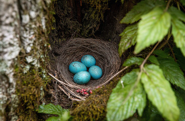 Nest with blue eggs in a spring tree, nature photography, nest, egg,