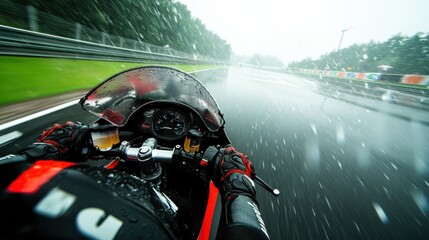 Naklejka premium Superbike rider expertly navigates wet race track with speed and precision during intense rainstorm