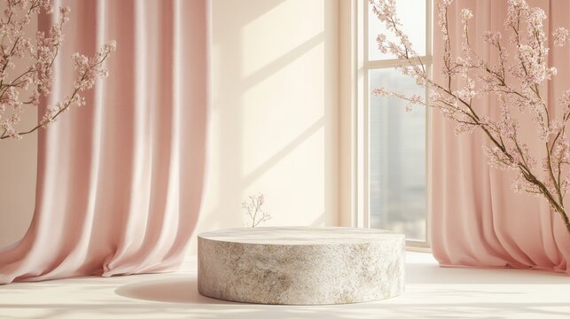 Serene Korean bojagi fabric pattern with soft pastel colors and gentle cherry blossoms in a tranquil, sunlit room setting