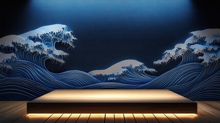 Traditional Japanese wave pattern in blue, showcasing elegant ocean waves in a tranquil modern interior setting with a spotlighted wooden platform