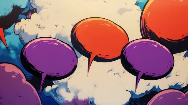 Colorful speech bubbles floating in a cloudy sky, symbolizing conversation and communication.