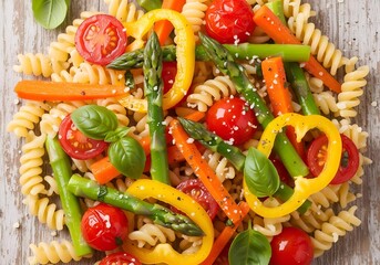 A colorful bowl of pasta salad featuring fusilli, cherry tomatoes, asparagus, bell peppers, carrots, and fresh basil.