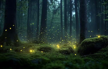 Obraz premium Mysterious forest comes alive at night with a mesmerizing display of magical sparkling lights
