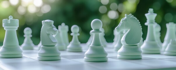 White chess pieces elegantly arranged on a board with soft natural lighting, symbolizing strategic decision-making and intellectual challenge in a serene environment