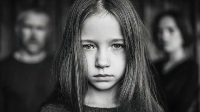 sad looking girl with her fighting parents behind her no logos no brands ar 169