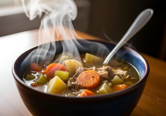 A steaming bowl of hearty vegetable and meat soup, filled with colorful carrots, potatoes, and celery, sits on a wooden table.