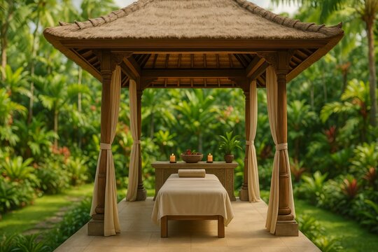 Luxurious outdoor spa pavilion amidst lush tropical greenery.