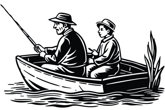 Two people fishing from a boat in black and white illustration vector - Powered by Adobe