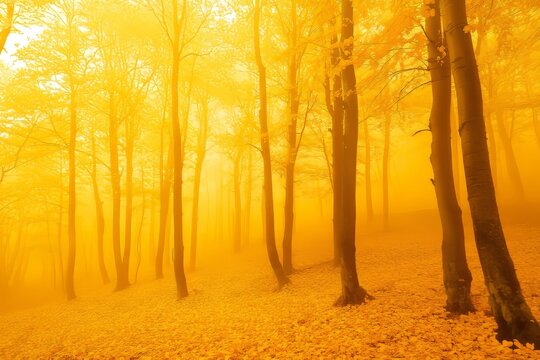 A foggy forest landscape with a fire red saturated autumn season serves as a background, accompanied by oversaturated yellow red forest trees