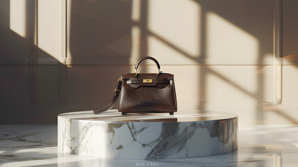 a high-end designer handbag on a marble pedestal with spotlight and elegant shadows, rich color palette, clean studio background, perfect for fashion brand commercial, 16:9 shot