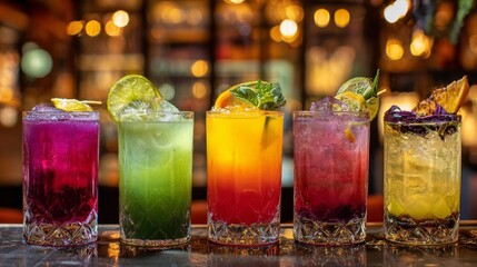 Colorful Summer Cocktails with Lime and Ice at Bar