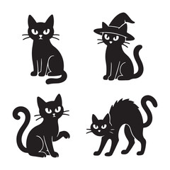 Black Cats in Spooky Halloween Poses, Hand Drawn Scary Cat Character Set