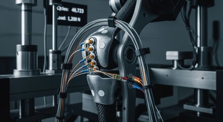 Technological closeup of sensor cables connected to an exoskeleton loadbearing joint during a fatigue durability test on an automated testing frame.
