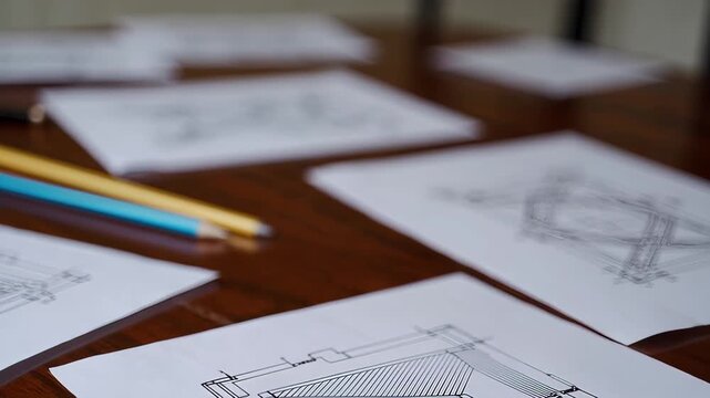Dive into the creative world of architecture as sketches on paper bring innovative designs to life. Watch pencils sketch detailed plans on a wooden desk, sparking inspiration and vision.
