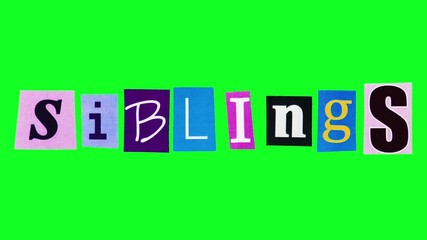 Siblings text made of letters printed on colorful stickers moving on chroma key background in loop stop motion animation. A word meaning brother and sister in collage compiled from magazine cut signs. - Powered by Adobe