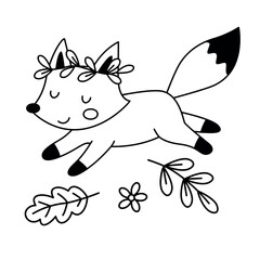 Cute fox with a wreath on head isolated on white background