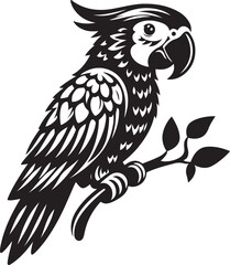 Black and white silhouette of a parrot perched on a branch