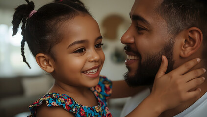 Closeup of a little black girl with a bright smile and big brown eyes, wearing a beautiful vibrant dress with colorful patterns, dancing with her African American father at home, her father has a warm