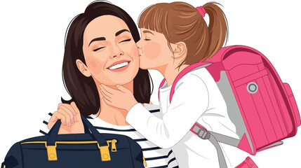 Illustration of a daughter kissing her mother goodbye before going to school today