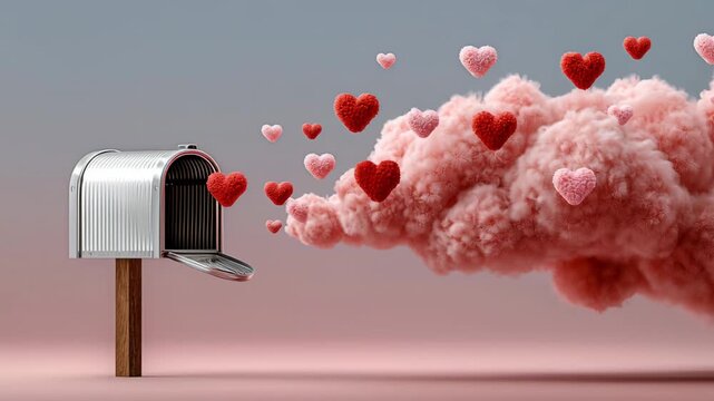 Silver mailbox with open door releasing colorful hearts into the air, surrounded by fluffy pink clouds, creating a whimsical and romantic atmosphere for love-themed designs and projects