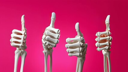 Four human skeleton hands giving thumbs up against a vibrant pink background, showcasing positivity and approval in a creative and playful manner, ideal for health or educational themes