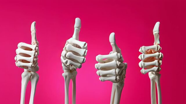 Four human skeleton hands giving thumbs up against a vibrant pink background, showcasing positivity and approval in a creative and playful manner, ideal for health or educational themes