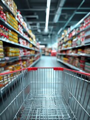 shopping experience in supermarket aisle handheld cart perspective in a vibrant retail environment