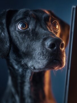 closeup photo of a black dog looking at a computer monitor in surprise