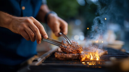 Man skillfully flipping meat on a barbecue grill