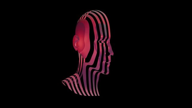Human head made of contour lines. Cross sectional sliced segments of human face. Man's face made of strips, slices. 3d animation render 