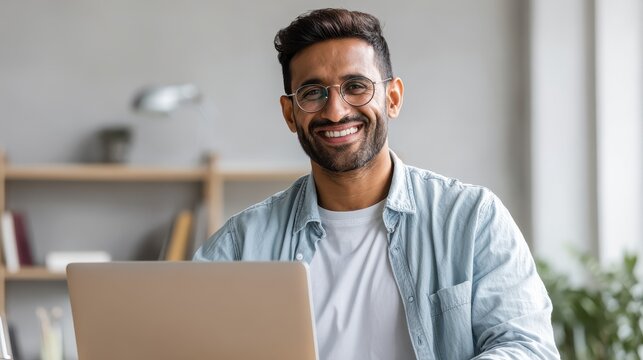 technology remote job and lifestyle concept  happy indian man in glasses with laptop computer working at home office no logos no brands ar 169 - Powered by Adobe