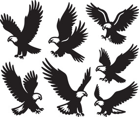 Seven Black Silhouette Eagles in Flight on White Background