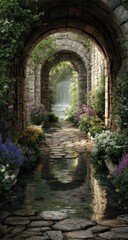 Obraz premium Stone archway, garden path, waterfall