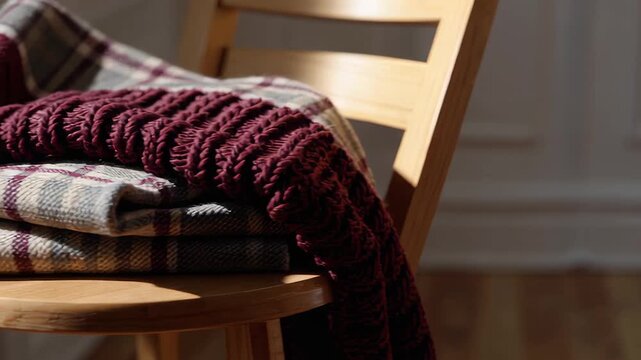 Explore the cozy atmosphere of a warmly lit room featuring a wooden chair draped with a plaid blanket and knitted fabric. This inviting setting evokes comfort and relaxation.
