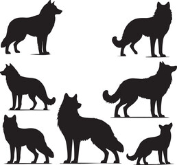 Six black wolf silhouettes in various poses animal