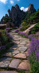 Fototapeta premium Mountain path lined with purple flowers