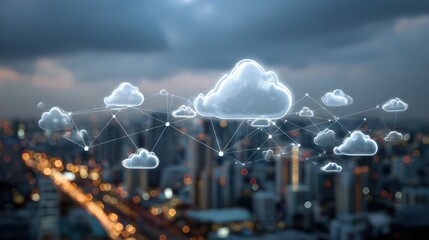 cloud technology concept with internet network icons connected by lines on digital screen at abstract city background double exposure no logos no brands ar 169
