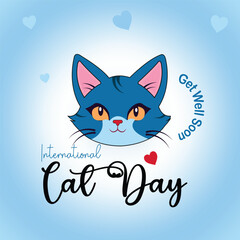 Happy International Cat Day Hand-Drawn Smiling Cat Head Illustration on Flat Blue Background, Cute Vector Art for T-Shirt and Poster.