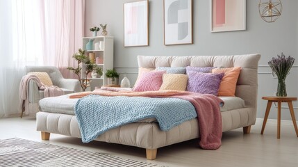 upholstered double fabric bed with cozy blankets and pillows in a bright modern interior with pastel furniture and decor no logos no brands ar 169