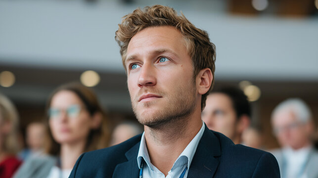 Focused businessman engaged in seminar audience listening attentively