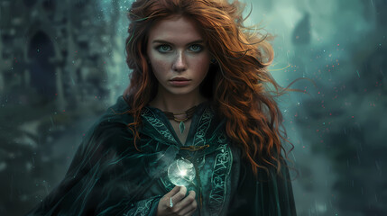 Fototapeta premium Beautiful yong woman witch wild auburn hair with green eye
