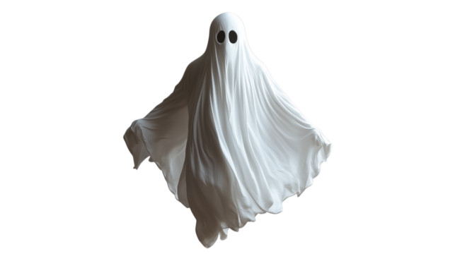 A white ghost with black eyes isolated on a transparent background for Halloween