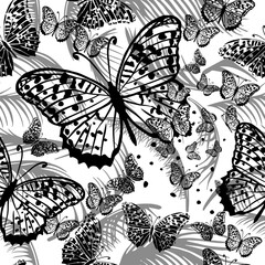 Monochrome seamless background butterflies and palm leaves. hand drawn. Not AI, Vector illustration.