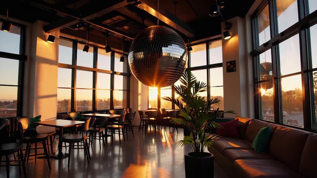 In a chic lounge bathed in warm sunset hues, a reflective disco ball hangs elegantly amidst expansive windows. The serene ambiance captures a blend of modern luxury and nostalgic charm, offering a ret