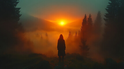 Obraz premium Solitary Figure Silhouetted Against a Misty Mountain Sunrise