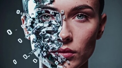 A woman's face is made up of computer code - Powered by Adobe