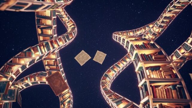 A book is shown in a spiral shape with many books stacked on top of each other